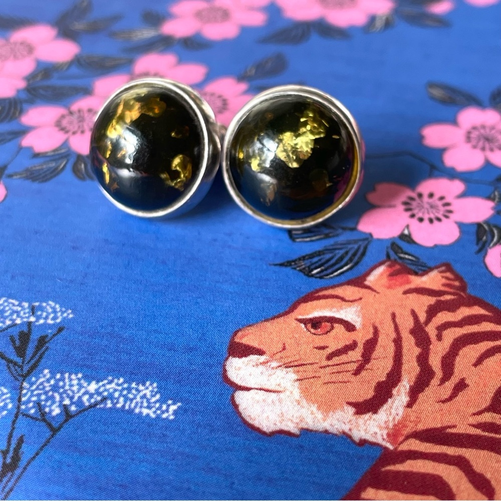 Vintage stamped 925 sterling silver & green amber cabochon pierced earrings